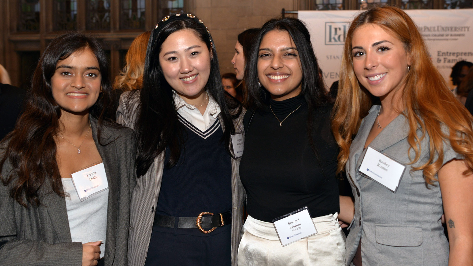 From left to right, current and former student assistants to the CEC: Desna Shah, Megumi Kumashiro, Shivani Muduli; and president of the DePaul chapter of the Collegiate Entrepreneur Organization Kealey Kostos.